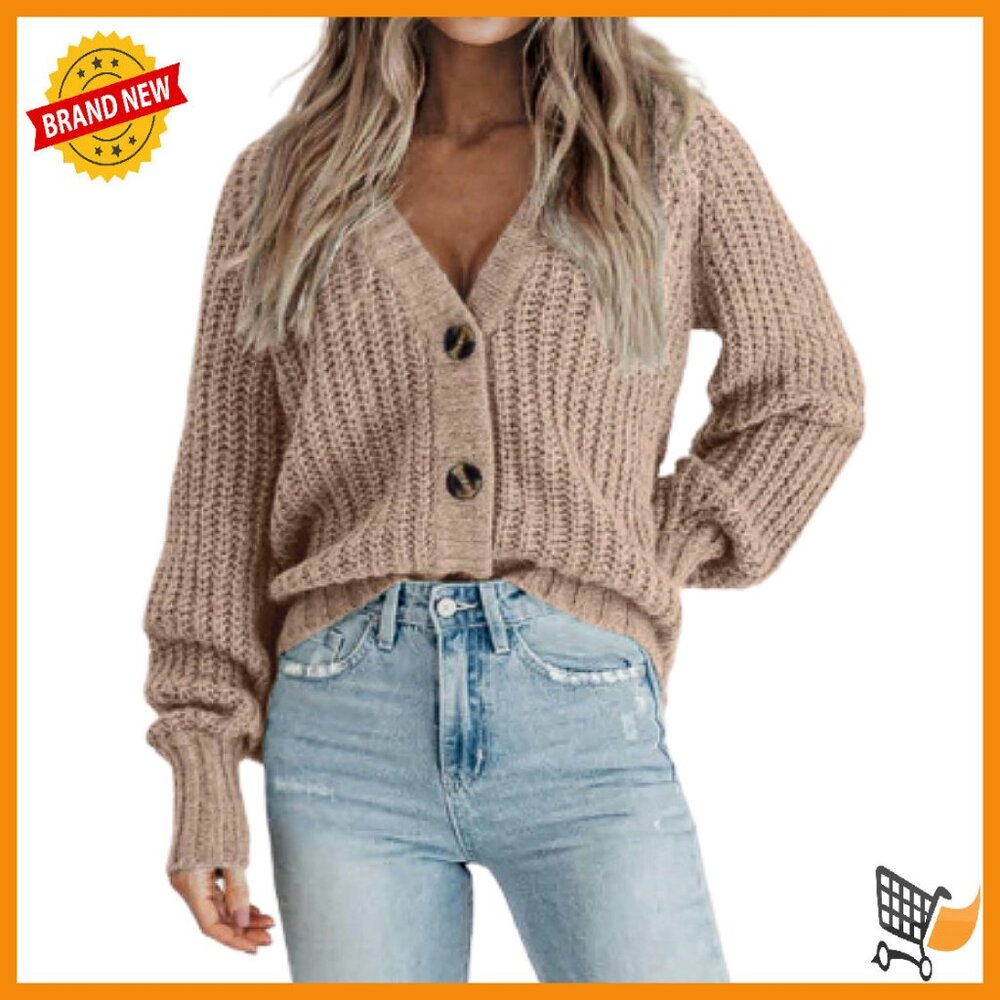 Chunky Knit Cardigan V-Neck Button Front Loose Fit Sweater